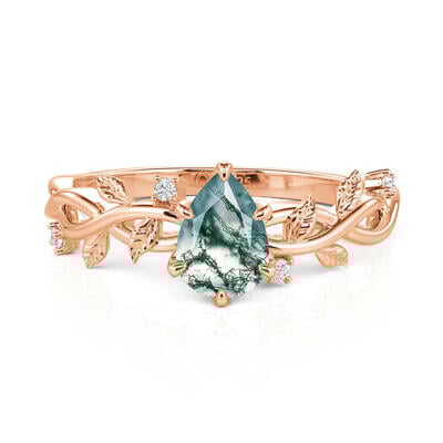 Jeulia Anillo de Compromiso en Forma de Pera de Ágata Musgo y Oro Rosa con Hoja de Vid