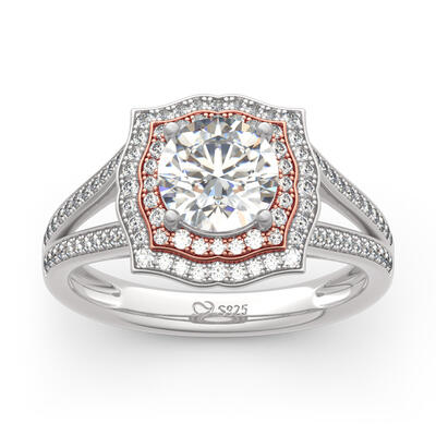 Jeulia Two Tone Halo Round Cut Sterling Silver Ring