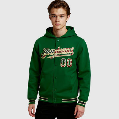 Custom Hoodie Jacket Kelly Green Vintage USA Flag Cream-Black Bomber Full-Snap Varsity Letterman Hoodie Jacket