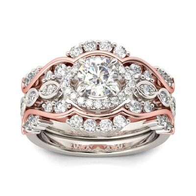 Jeulia Two Tone Halo Round Cut Sterling Silver Ring Set