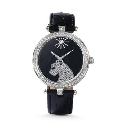 Jeulia "Jungle Fever" Leopard Quartz Black Leather Watch with Black Dial