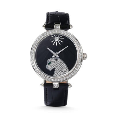 Jeulia "Jungle Fever" Leopard Quartz Black Leather Watch with Black Dial