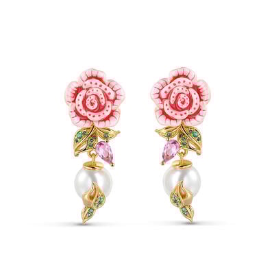 Jeulia Cultured Pearl Flower Enamel Sterling Silver Earrings