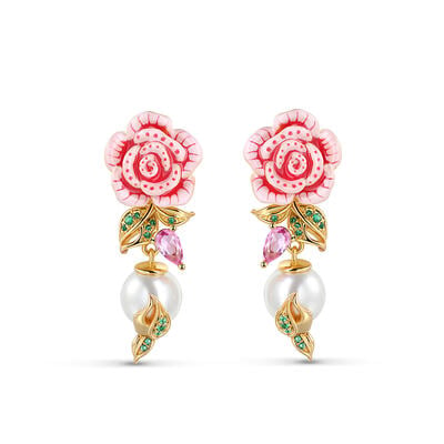 Jeulia Cultured Pearl Flower Enamel Sterling Silver Earrings