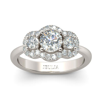 Jeulia Halo Three Stone Round Cut Sterling Silver Ring