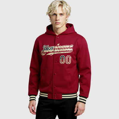 Custom Hoodie Jacket Crimson Vintage USA Flag Cream-Black Bomber Full-Snap Varsity Letterman Hoodie Jacket