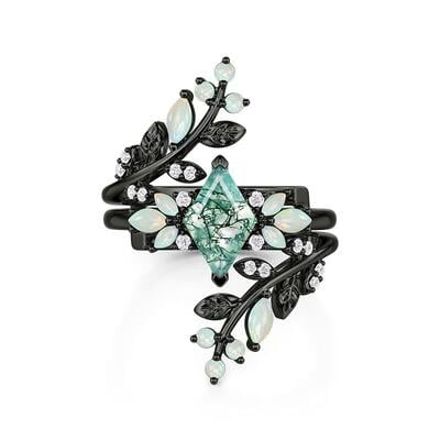 Jeulia Leaf Bypass Rhombus Cut Moss Agate Opal Bridal Set 2PCS
