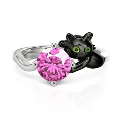 Jeulia Hug Me Black Cat Ring with Round Cut Purple Stone