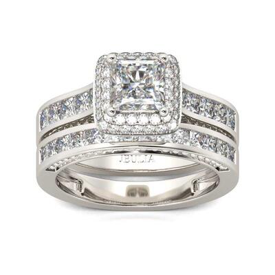 Jeulia Double Halo Princess Cut Sterling Silver Ring Set