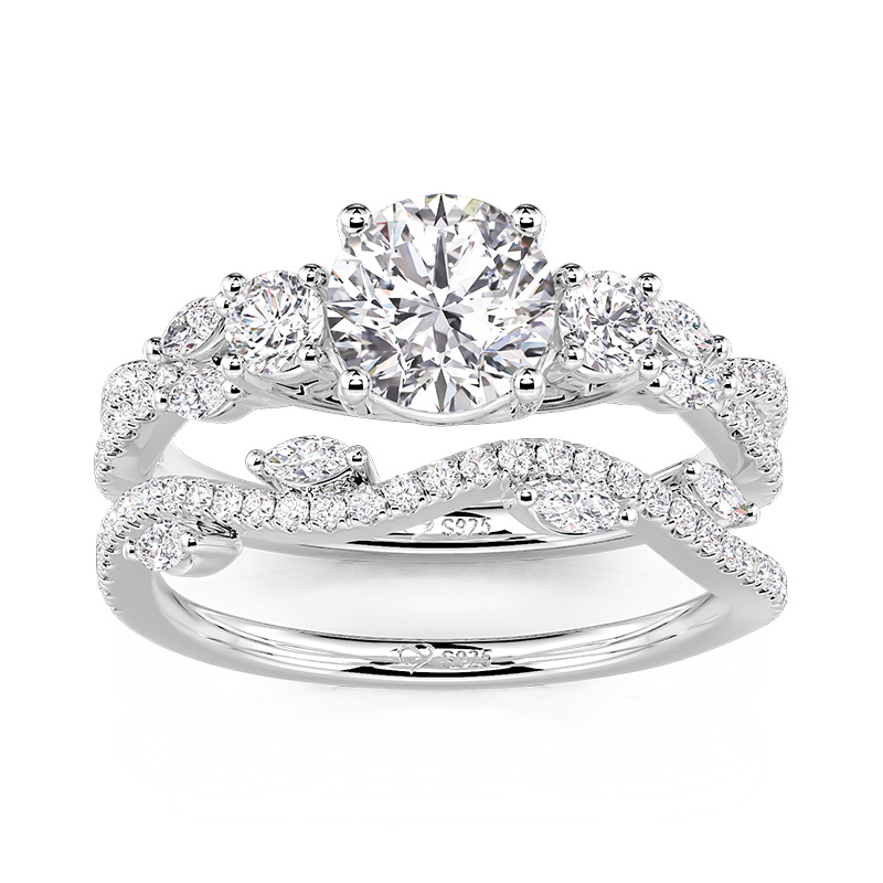 Jeulia Three Stone Twist Leaf Wave Engagement Ring Set 2PCS