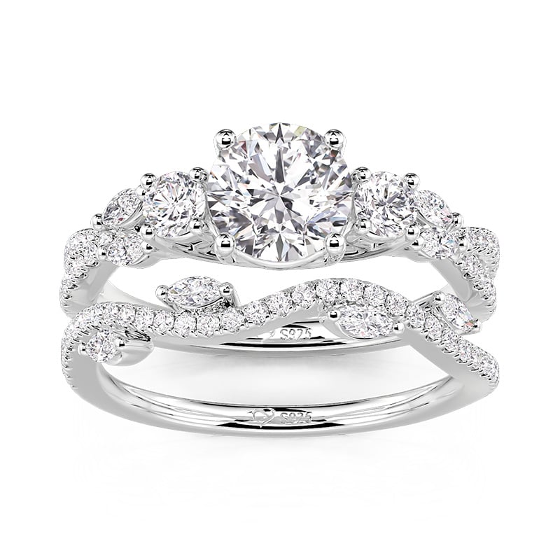 Jeulia Three Stone Twist Leaf Wave Engagement Ring Set 2PCS