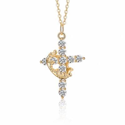 Jeulia Gold Cross with Crown Necklace in Sterling Silver