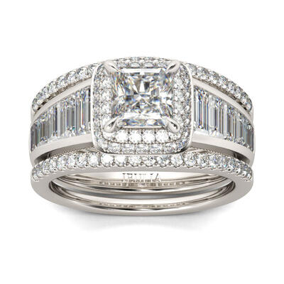 Jeulia Double Halo Princess Cut Sterling Silver 3PC Ring Set