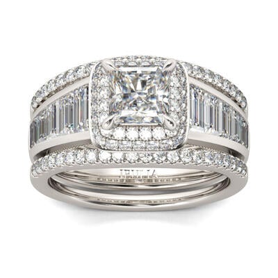 Jeulia Double Halo Princess Cut Sterling Silver 3PC Ring Set