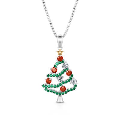 Jeulia "Happy Christmas" Christmas Tree Sterling Silver Necklace