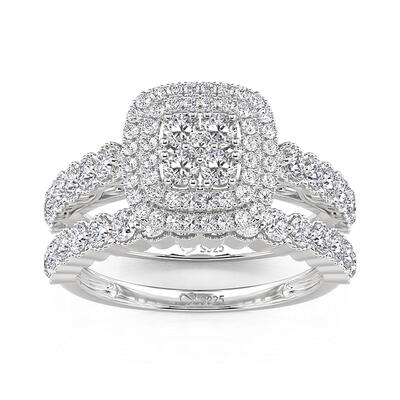 Jeulia Double Halo Cluster Ring Set with Eternity Band Sterling Silver