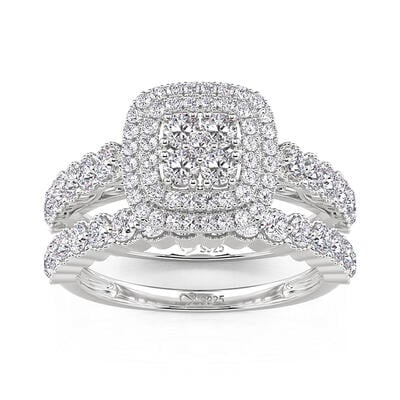 Jeulia Double Halo Cluster Ring Set with Eternity Band Sterling Silver