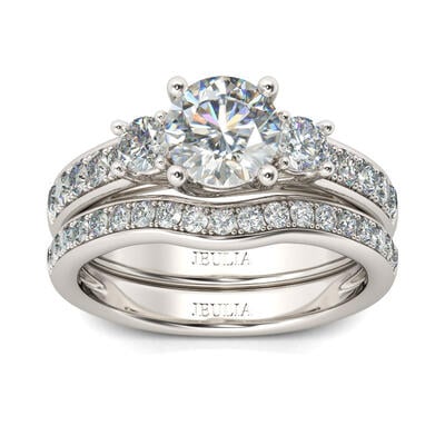 Jeulia Three Stone Round Cut Sterling Silver Ring Set