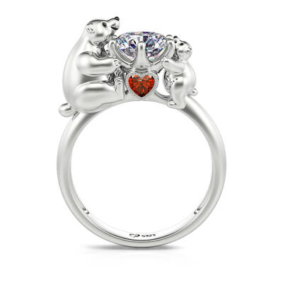 Jeulia Hug Me "Mother & Baby" Polar Bear Round Cut Sterling Silver Ring