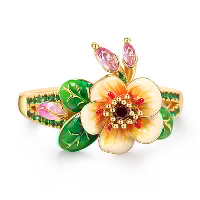 Jeulia "Whimsical Beauty" Pear Blossom Enamel Sterling Silver Ring
