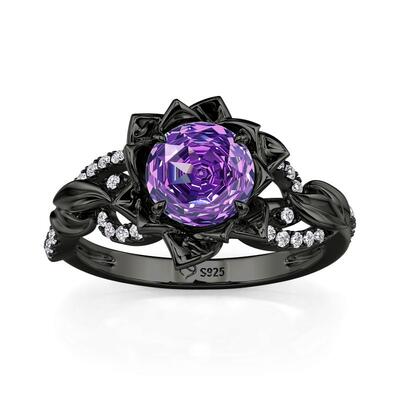 Jeulia Fashion Black Twist Purple Rose Cut Flower Ring