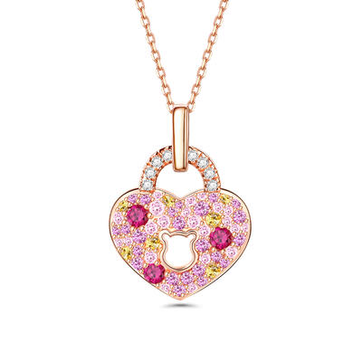 Jeulia Multi-color Herz Schloss Bär Schlüsselloch Sterling Silber Halskette