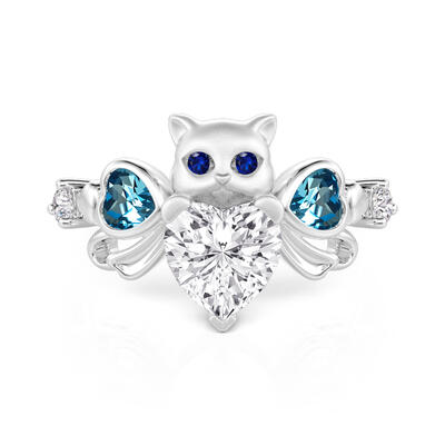 Jeulia Cute Cat Bowknot Heart Ring Sterling Silver