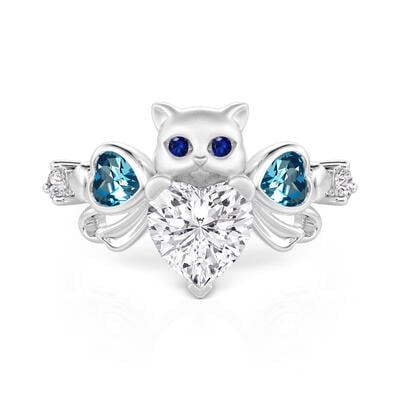 Jeulia Cute Cat Bowknot Heart Ring Sterling Silver