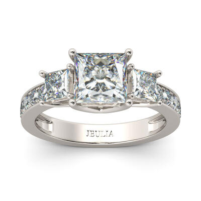 Jeulia Simple Three Stone Princess Cut Sterling Silver Ring