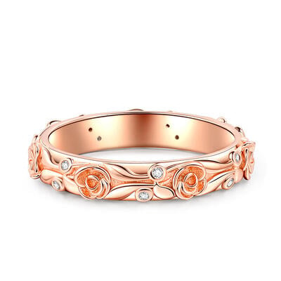 Jeulia Rose and Leaf Carved Unique Sterling Silver Women's Band
