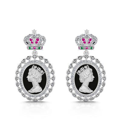 Jeulia "To Honour" Queen Elizabeth Portrait Black Enamel Sterling Silver Earrings