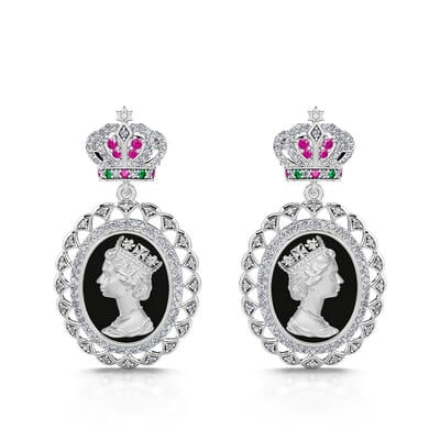 Jeulia "To Honour" Queen Elizabeth Portrait Black Enamel Sterling Silver Earrings