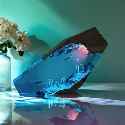 Vintage Ocean Explorer Resin Lamp | Shark & Diver Handcrafted Art Piece