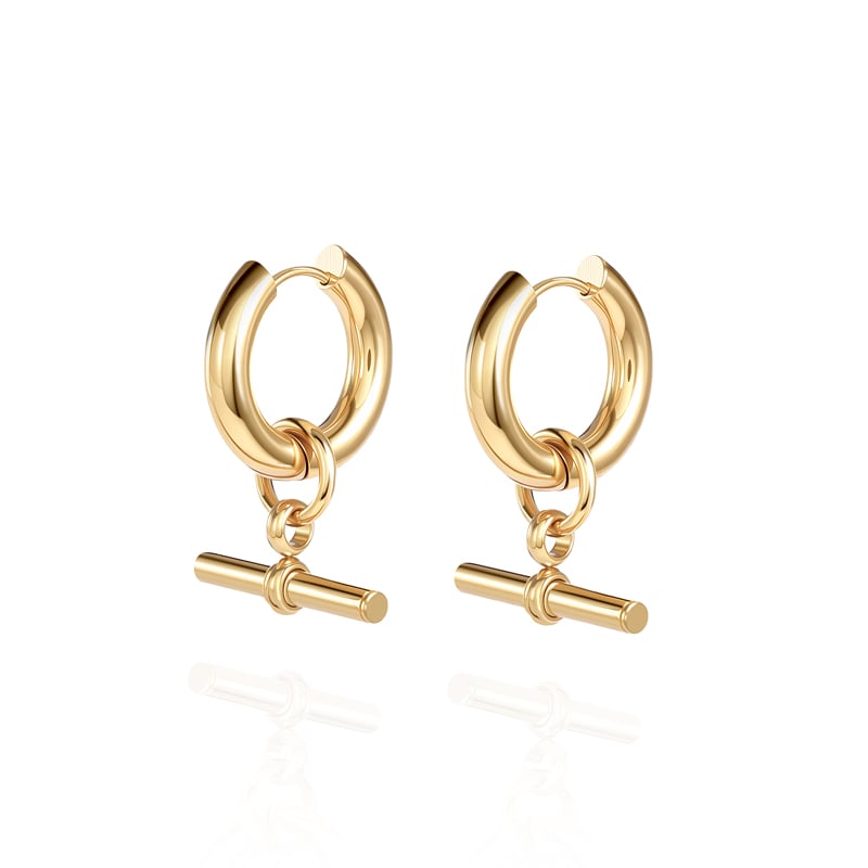 Jeulia Everyday "Andy" Style Classic Gold T-Bar Hoop Earrings