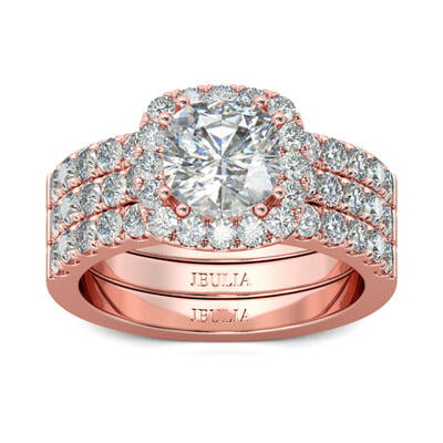 Jeulia 3PC Rose Gold Tone Halo Cushion Cut Sterling Silver Ring Set
