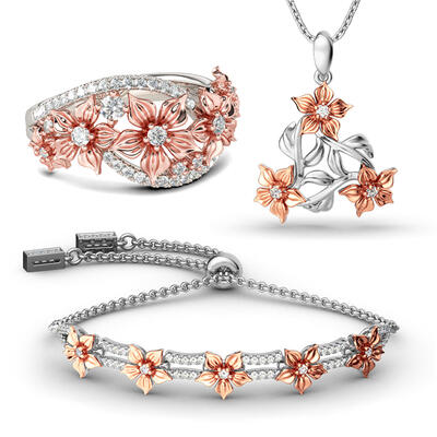 Jeulia Two Tone Flower Sterling Silver Jewelry Set
