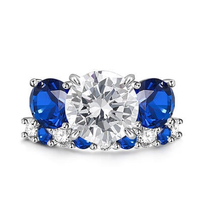 Jeulia Conjunto de Anillo de Compromiso de Tres Piedras Azul y Blanco en Plata Esterlina