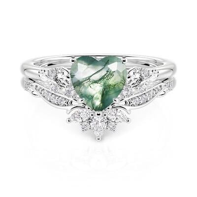 Jeulia Juego de Anillos de Compromiso Ágata Musgo Corte Corazón Diseño Hoja