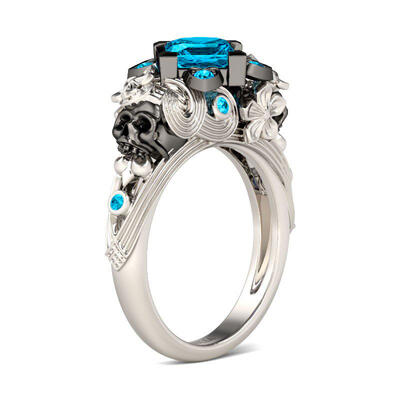 Jeulia Flower Design Princess Cut Sterling Silver Two Skull Ring