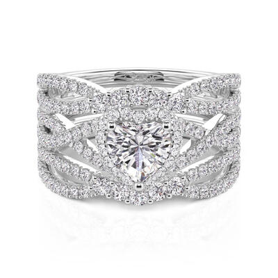 Jeulia Juego de Anillos de Compromiso Halo Corazón Trenzado 2 Piezas