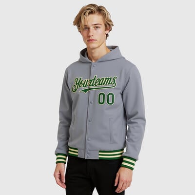 Custom Hoodie Jacket Gray Green-Cream Bomber Full-Snap Varsity Letterman Hoodie Jacket