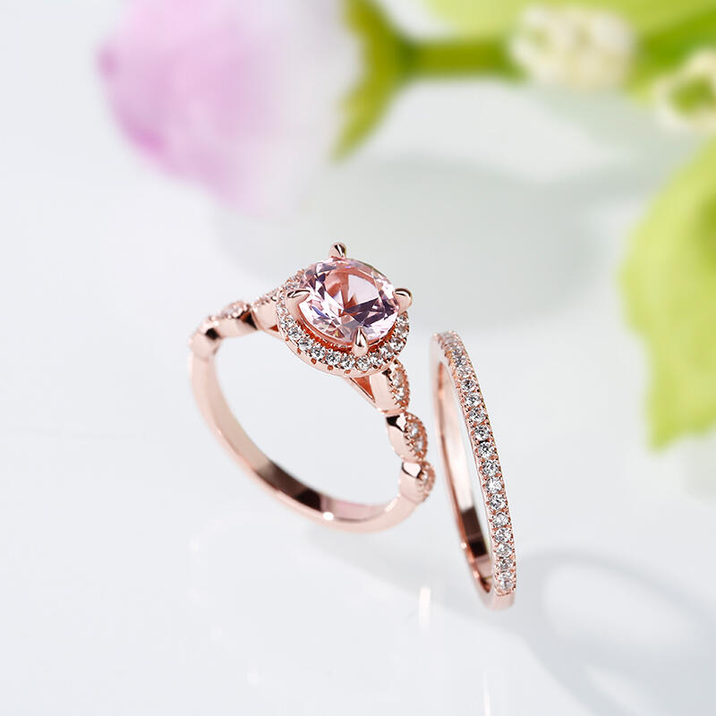 Jeulia Juego de anillos de plata esterlina de corte redondo milgrain Halo