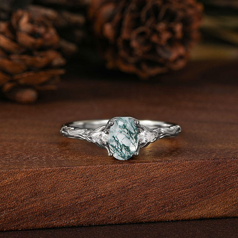 Jeulia Three Stone Moss Agate Wedding Ring