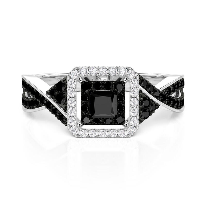 Jeulia Anillo de Compromiso Negro con Doble Halo en Plata de Ley