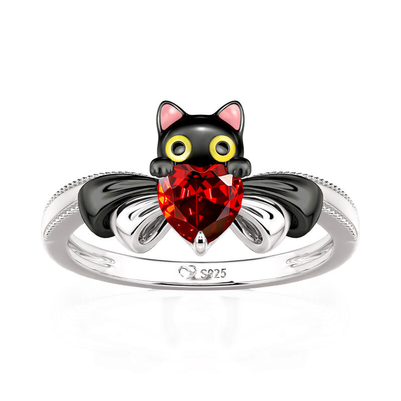 Jeulia Petland ツートーン キュート ブラックキャット ハート ボウ リング