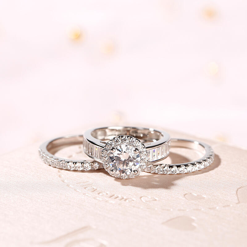 Jeulia 3PC Halo Round Cut Sterling Silver Ring Set