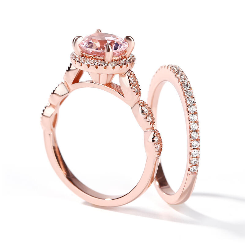 Jeulia Juego de anillos de plata esterlina de corte redondo milgrain Halo