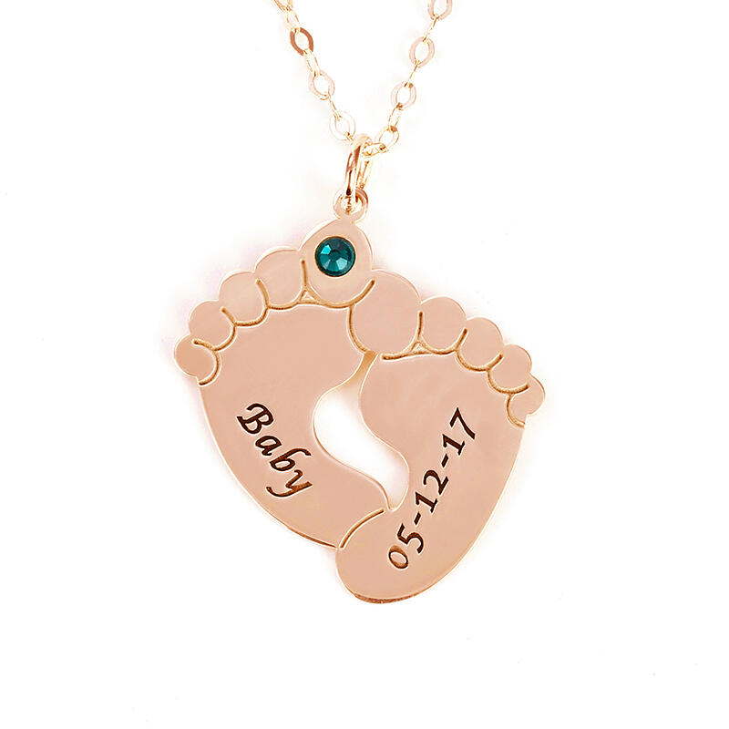 "Mon Bébé" Collier Pieds de Bébé Personnalisé avec Pierre de Naissance