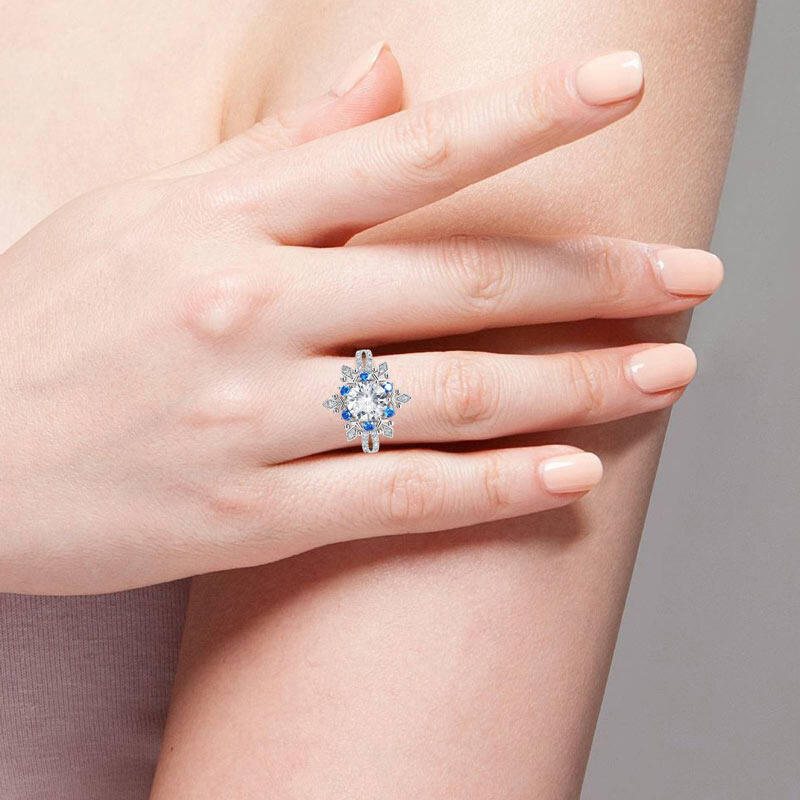 Jeulia "Shining Winter" Snowflake Round Cut Split Shank Sterling Silver Ring