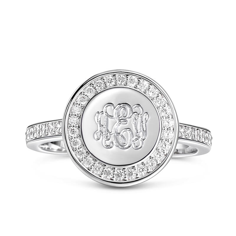 Jeulia Halo Round Monogram Personalized Sterling Silver Ring
